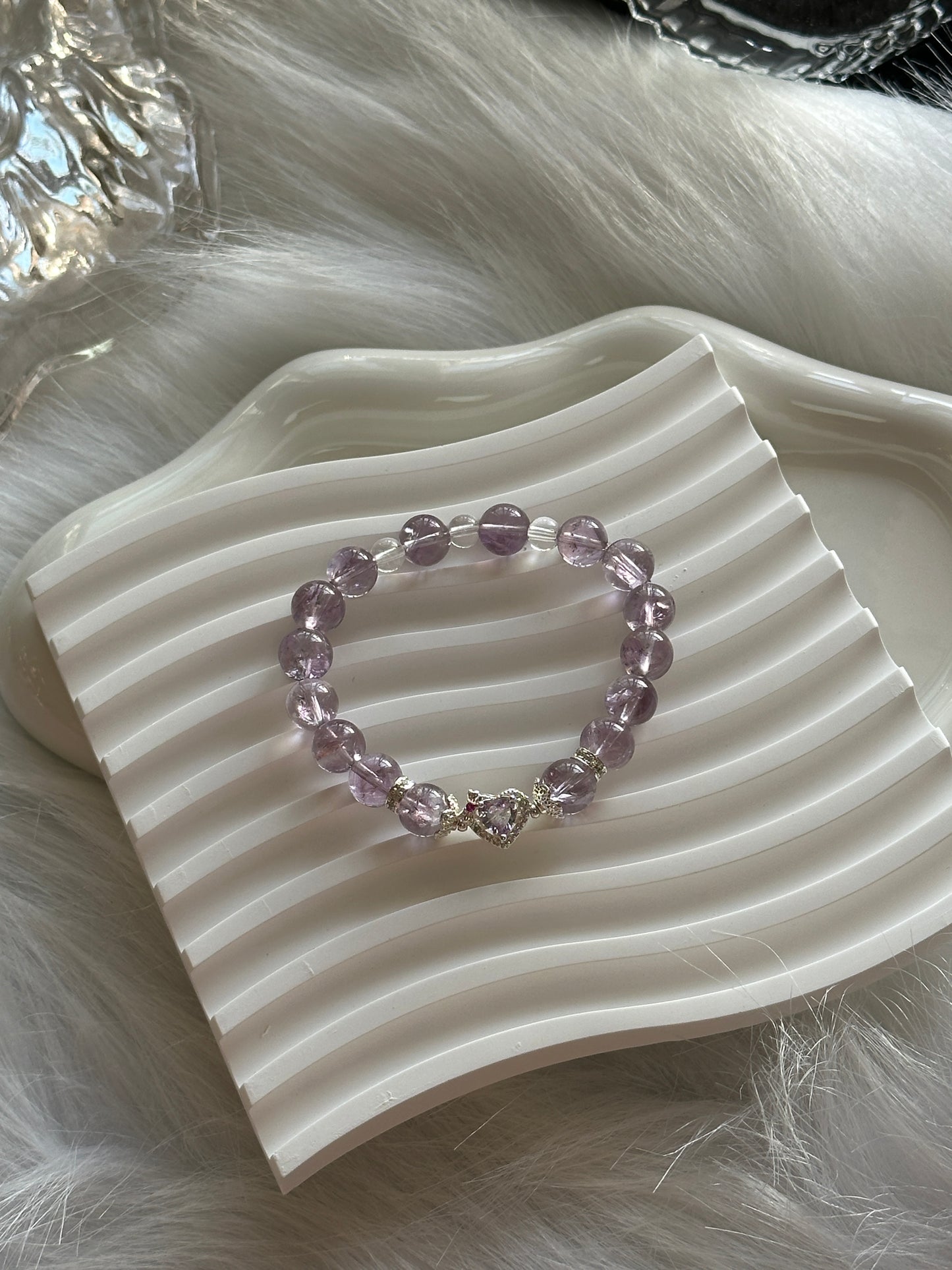 Rainbow Amethyst Bracelet with heart Charm (Elastic)