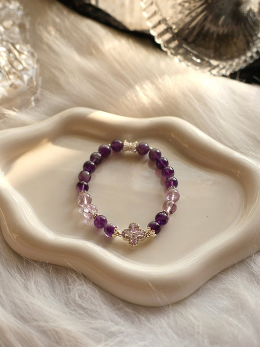 Amethyst and Rainbow Amethyst with Clover Charm crystal bracelet (Elastic)