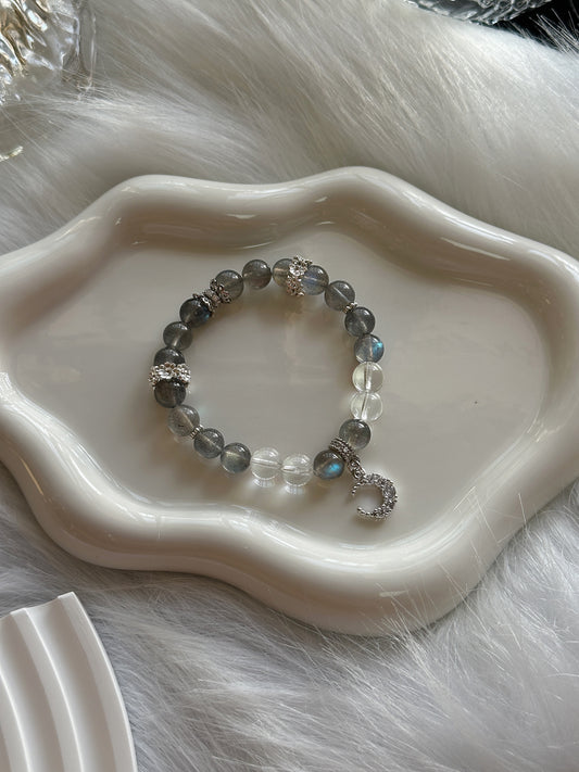 Grey moonstone with moon charm crystal bracelet (Elastic)