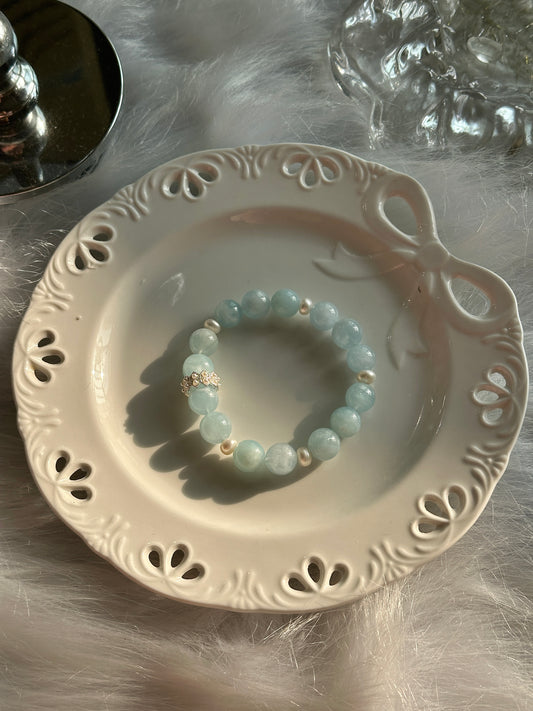 Aquamarine & freshwater pearl crystal bracelet