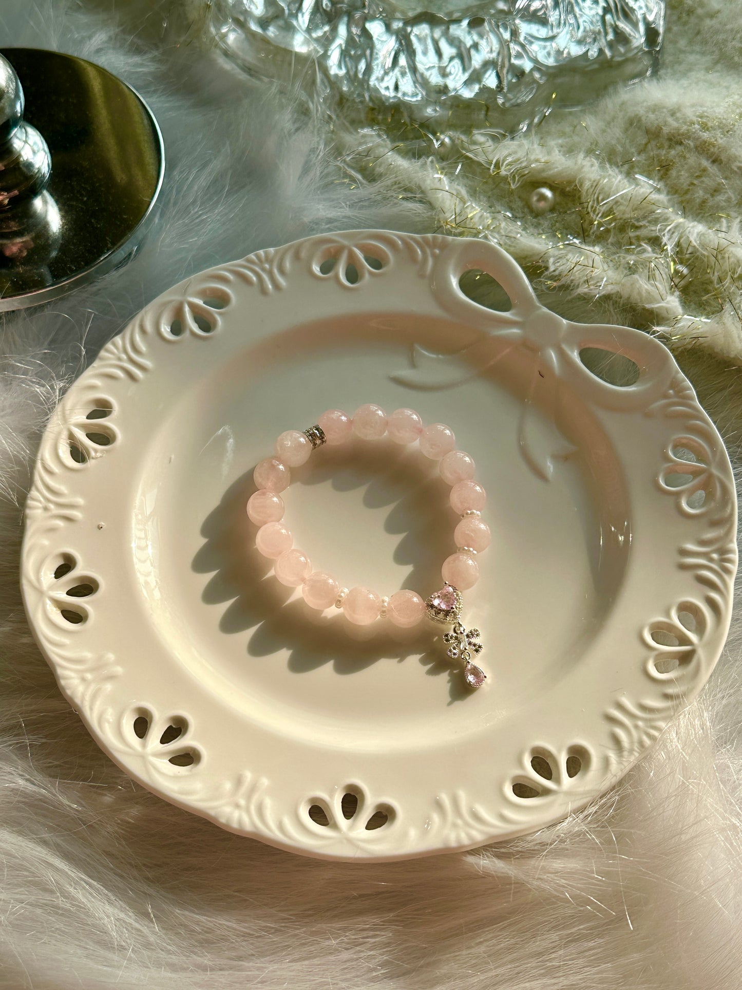 Rose quartz with heart charm crystal bracelet (Elastic)