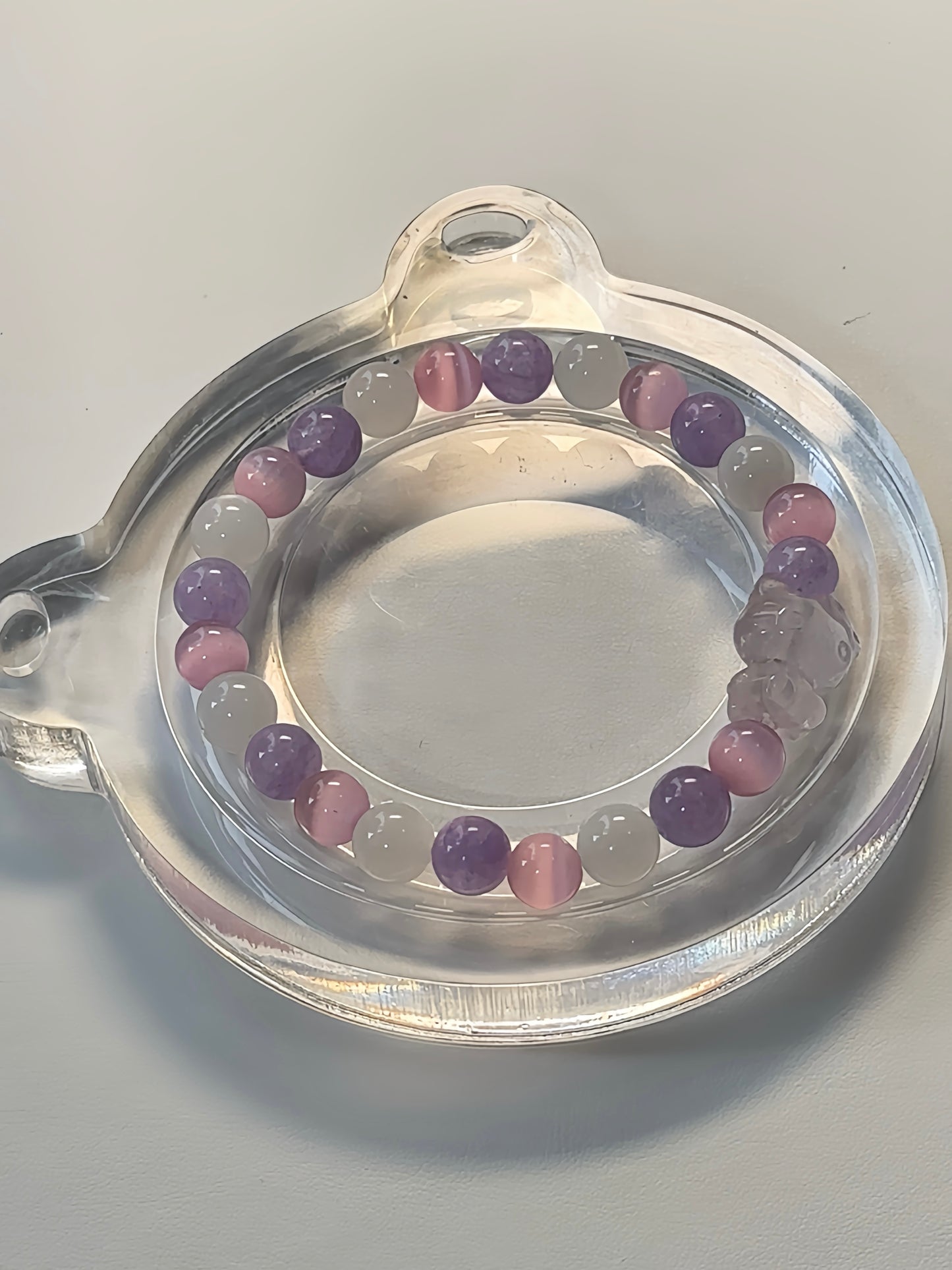 Pink cat eye with moonstone lavender quartz crystal bracelet (Elastic)